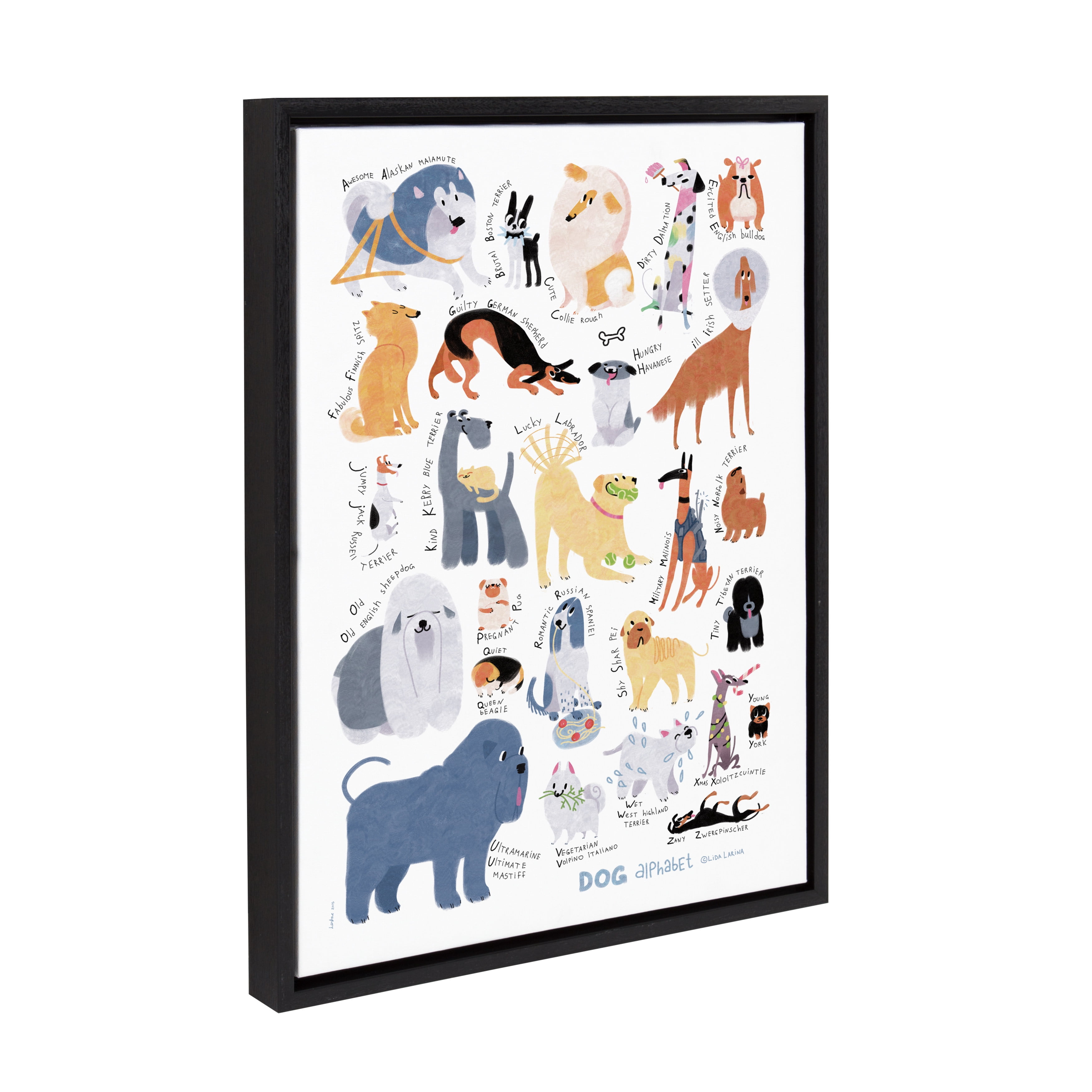 Kate and Laurel Sylvie Dog Alphabet Art Framed Canvas Wall Decor by Lida Larina, 18x24 Black