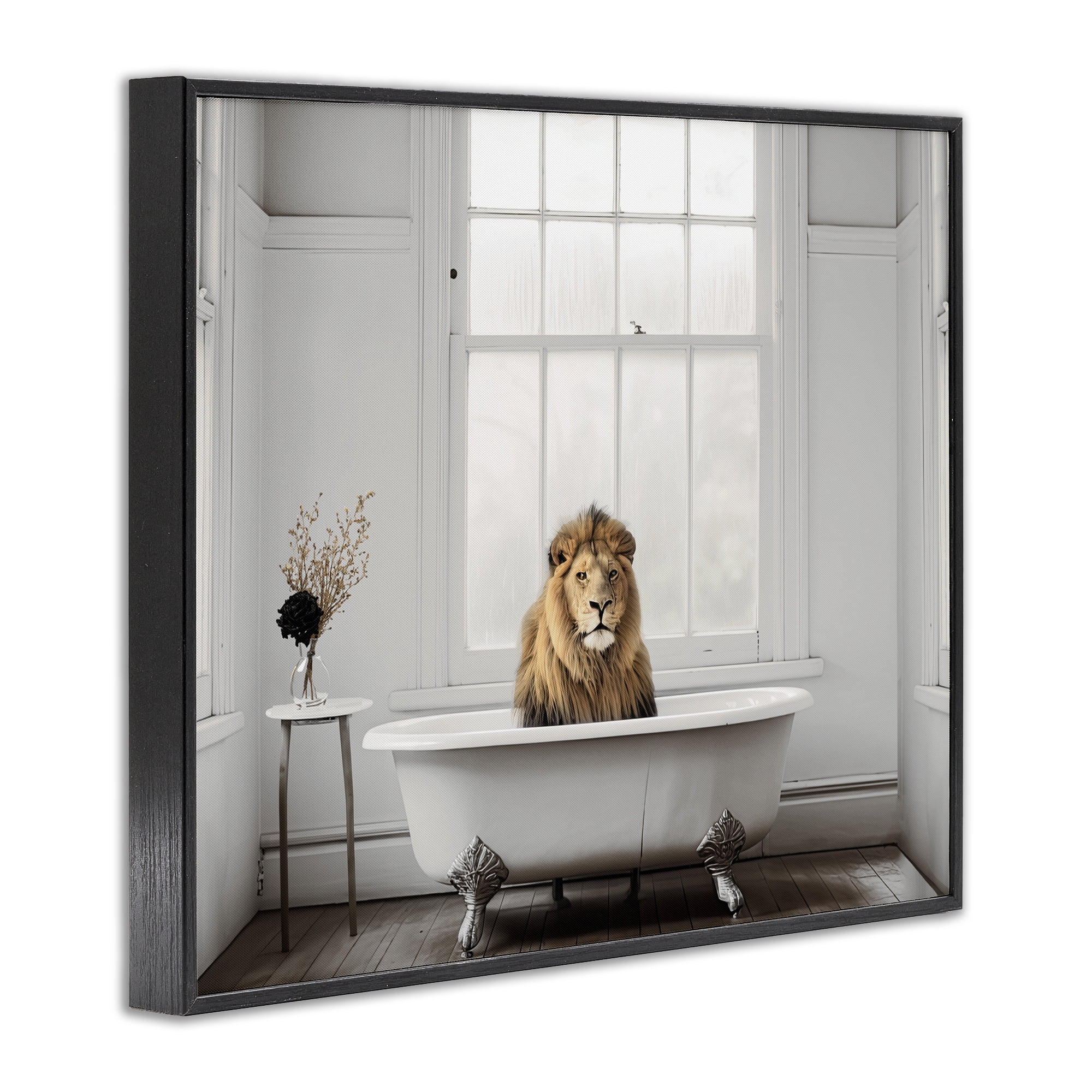 Minimalist Lion Bathtime Black Framed Giclee Art, design by Sasha