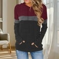 thumbnail image 2 of HomeDM Womens Hoodies Sweatshirts Fall Color Block Striped Workout Sweatshirts Long Sleeve Textured Pullover Tops with Pockets - Wine/M, 2 of 5