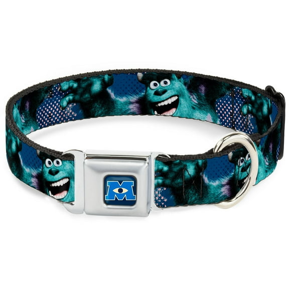Disney Pet Collar, Dog Collar Metal Seatbelt Buckle, Sulley Scare Pose Dots Blues White, 15 to 24 Inches 1.0 Inch Wide