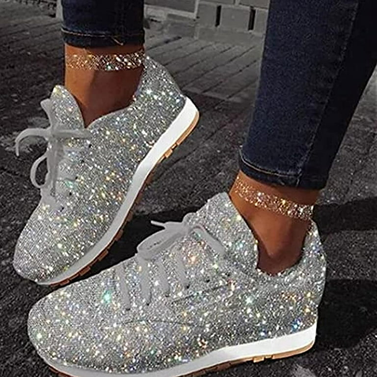 Women's glitter sneakers lace-up rhinestone shiny casual shoes platform  sneakers