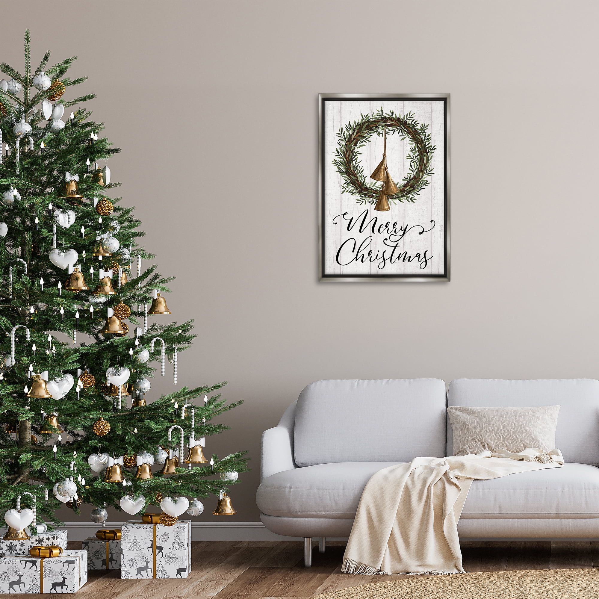 Stupell Industries Christmas Wreath & Bells Holiday Painting Gray Floater Framed Canvas Art Prints Wall Art, 21 x 31