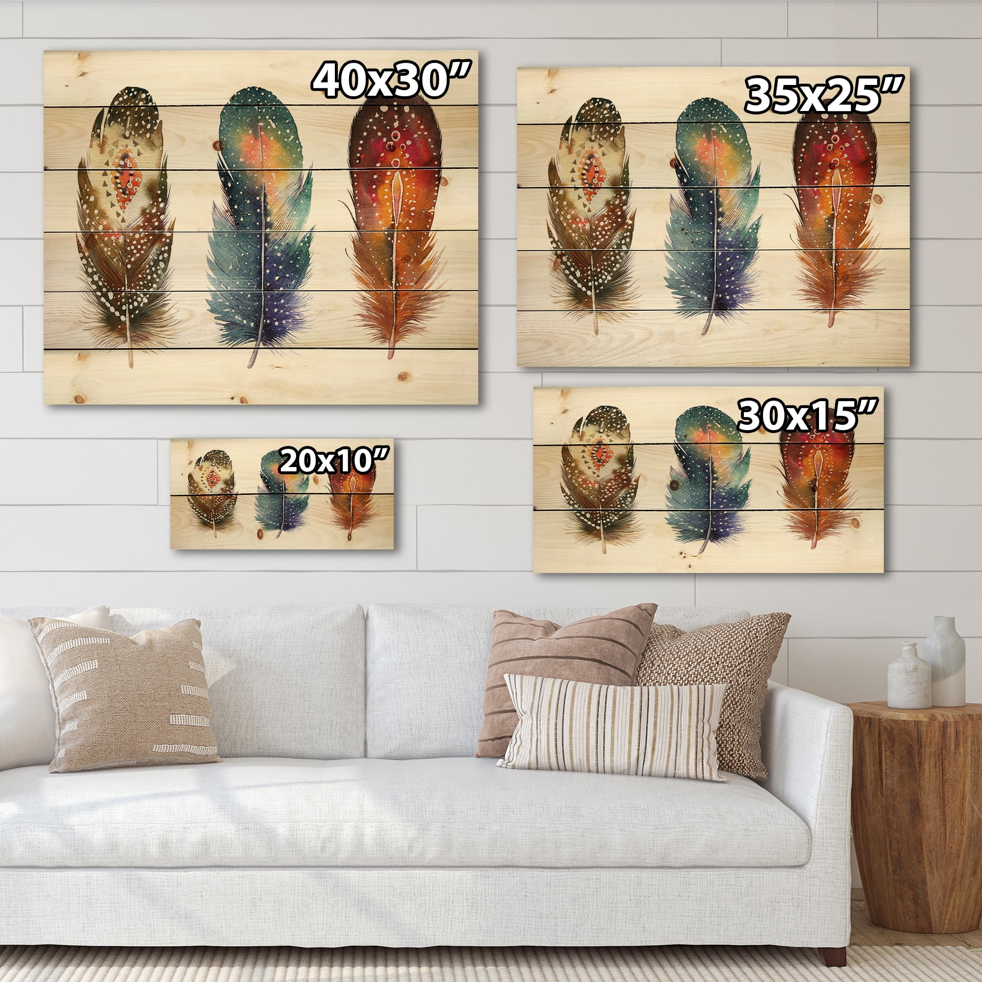 Designart 'Colourful Boho Art Feather Set IX' Bohemian & Eclectic Print on Natural Pine Wood