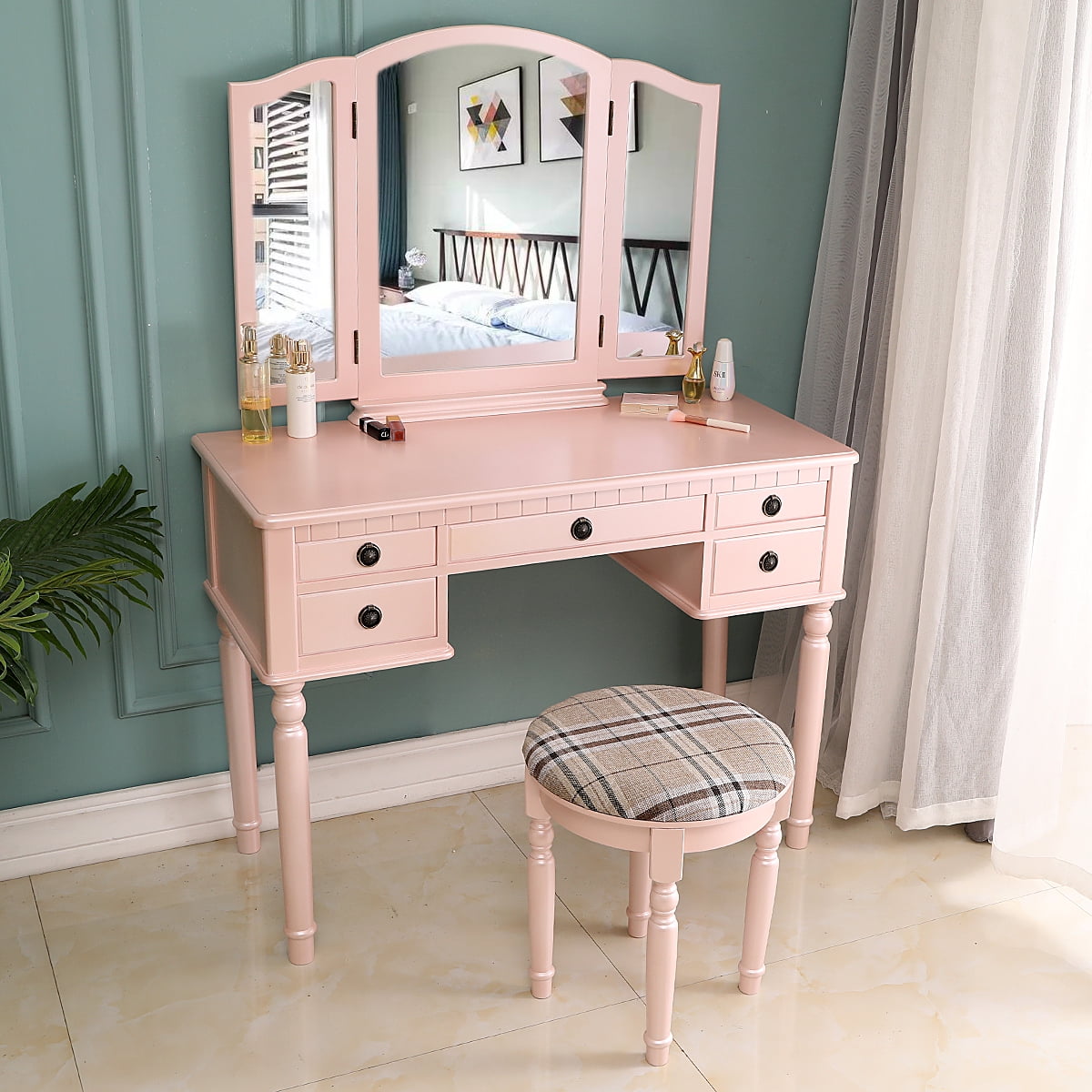 Ktaxon White/Fluorescent Pink Wooden Vanity with Cushioned