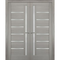 Solid French Double Doors 56 x 80 inches Frosted Glass | Quadro 4088 Grey Ash | Wood Solid Panel Frame Trims | Closet Bedroom Sturdy Doors