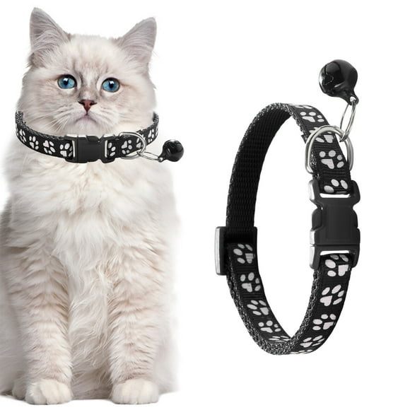 Adjustable Cat Collar with Bells, Paw Print Polyester Breakaway Safety Clasp and Reflective Strip, for Kittens and Puppies, Black/Yellow/Gray/Purple, 19–32 cm