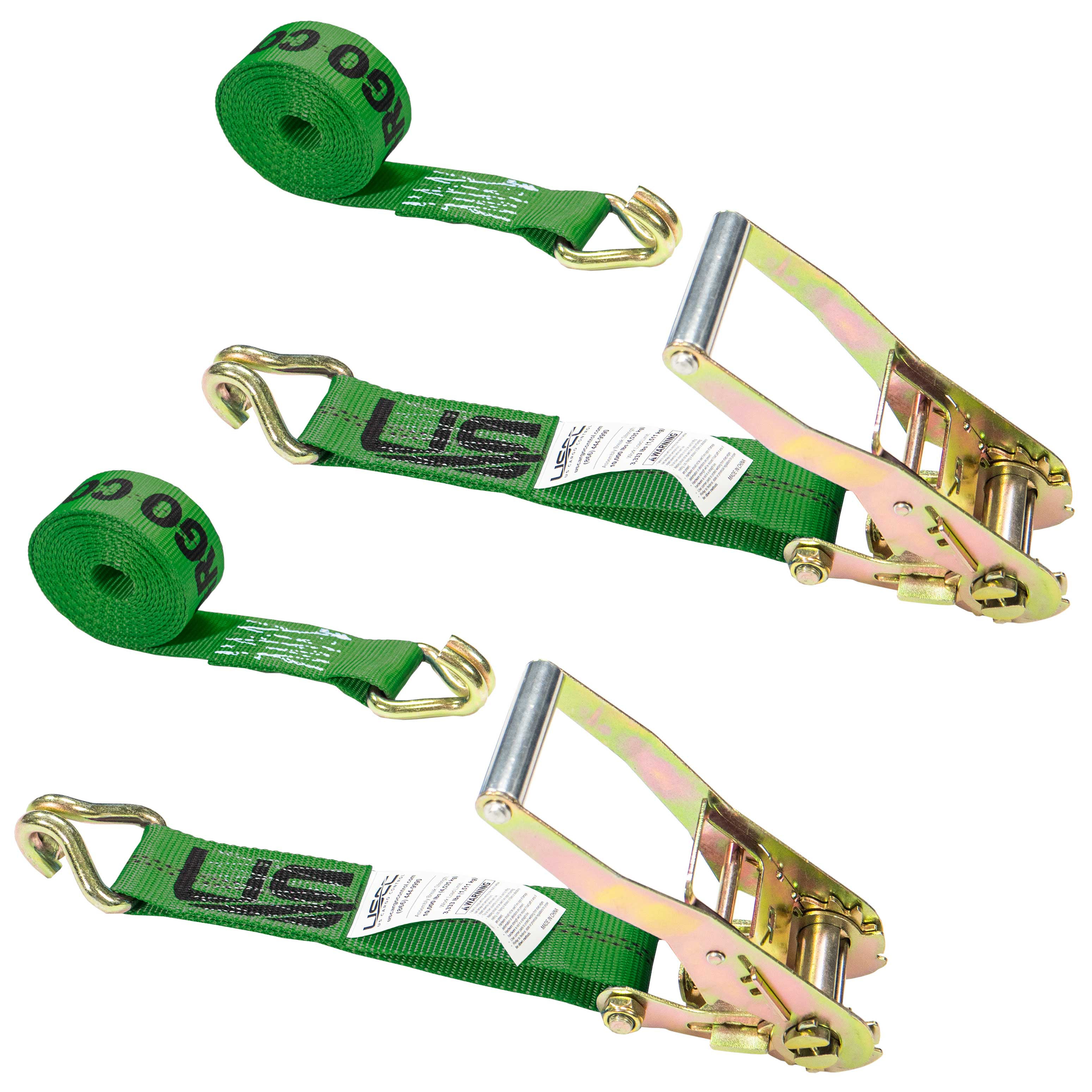 2 x 18' Green Ratchet Strap w/ Double J Hook - 2 Pack 