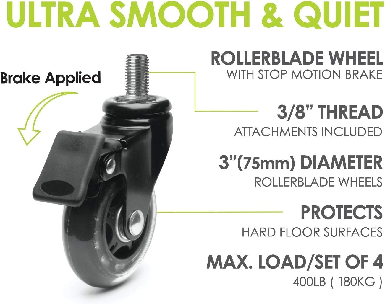 Slipstick CB693 Premium 3 Inch Rubber Caster Wheels with Brake (4 Pack) Replacement Rollerblade Style Swivel Casters with 3/8”– 16x1” Threaded Stem, Includes Mounting Hardware, Black / Clear Castor