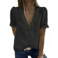 thumbnail image 1 of Women Dots Print Lace Splicing Short Sleeve V Neck Solid Color Shirt, 1 of 2