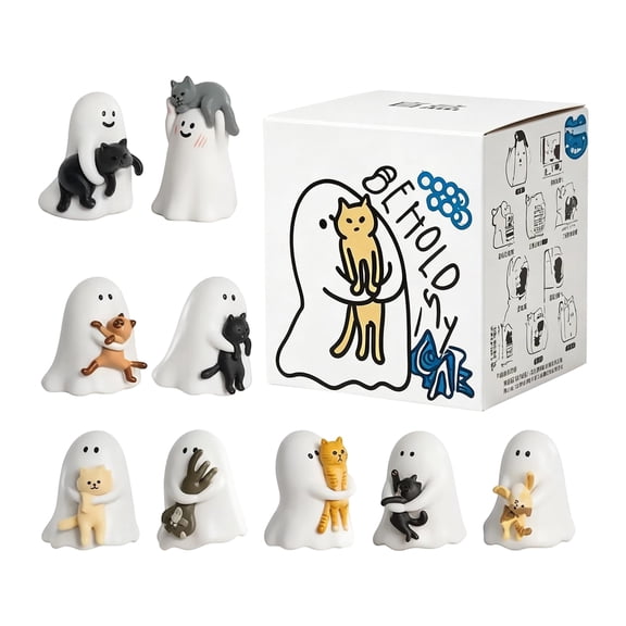 2Pcs Ghost Hugging Cat Blind Box Figurines, Cute Little Ghost with Kitten Resin Mini Statues, Halloween Collectible Desk Decor Mystery Box Toys for Adults
