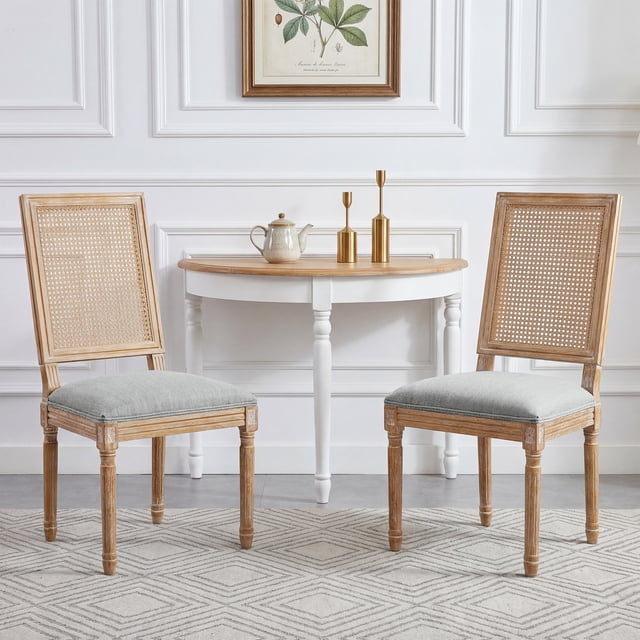 Noble House French Country Dining Chair Set of 2,Rectangular Cane Backrest,Grey+Green