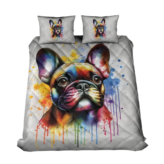 Watercolor Drip French Bulldog Pop Art Colorful Portrait Artwork Quilt Bedding Set Dog Lover Gifts 1 Blanket Bed Cover 2 Pillowcases - 01009