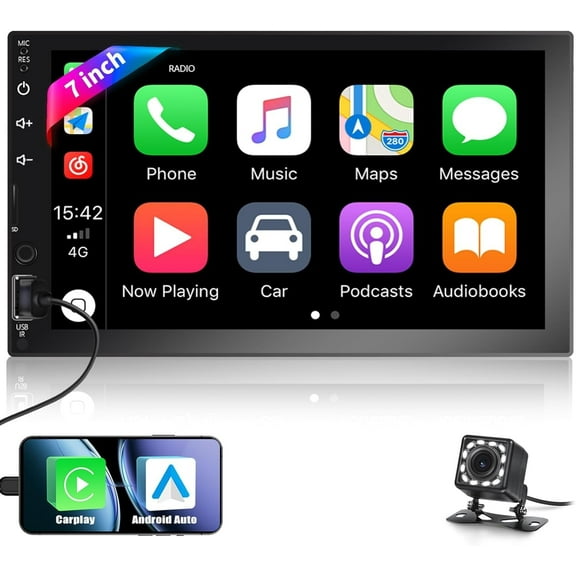 Podofo Double Din 7'' Touch Screen Car Stereo Radio Carplay Android Auto Car Audio Car Multimedia MP5 Player Bluetooth Mirror Link FM USB,with 12 LED Backup Camera