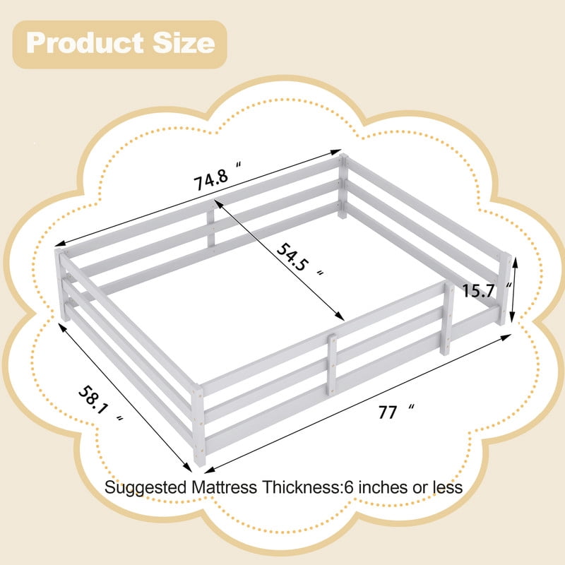 Bellemave Full Montessori Bed with Rails, Wood Full Size Floor Bed Frame with Fence, Low to Ground Bed Frame with Safety Guardrails - Gray