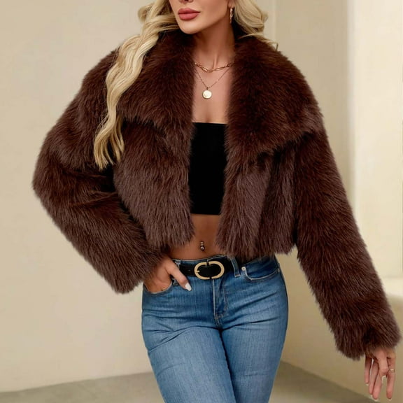 Gamivast Womens Winter Fleece Coats 2025 Trendy Long Sleeve Open Front Furry Faux Fur Jackets Button Lapel Collar Warm Solid Color Fall Outwear