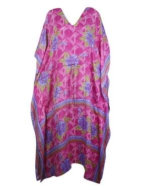 Mogul Women Pink,Purple Floral Maxi Kaftan V-Neck Printed Kimono Sleeves Resort Wear Housedress Holiday Caftan Dresses 2X