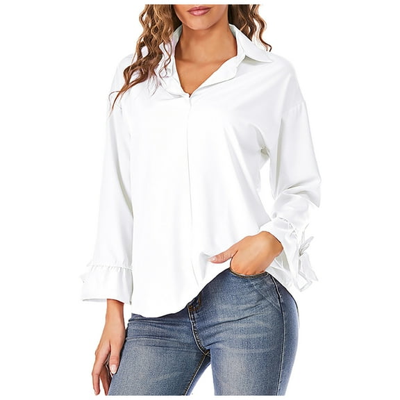 HAiming Women Long Sleeve Shirts Solid Color Lapel Button down V Neck Cardigan Tops Loose Casual Work Office Blouse