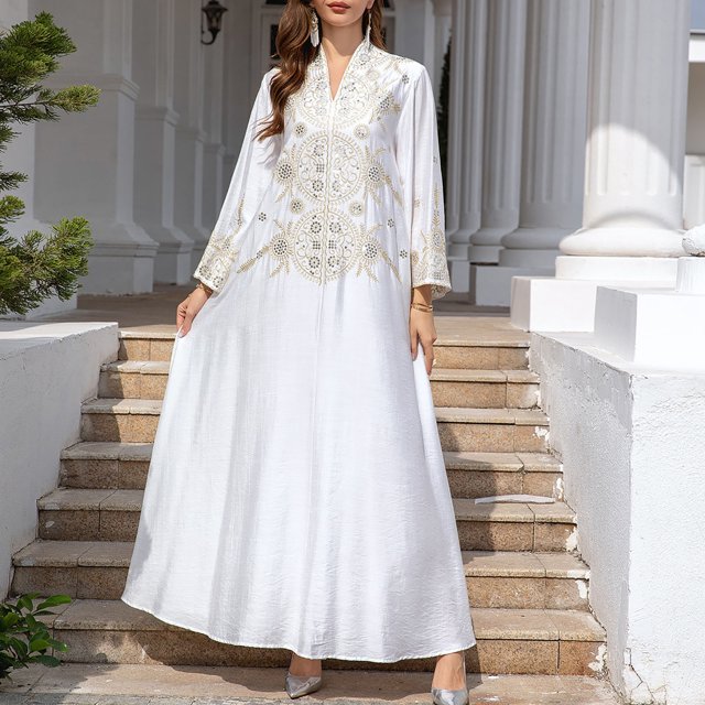 Qiopertar Robe Musulmane Imprimée à Manches Longues Col en V Robe Formelle et Robe à la Cheville en Solde à Moins de 5$ en Solde