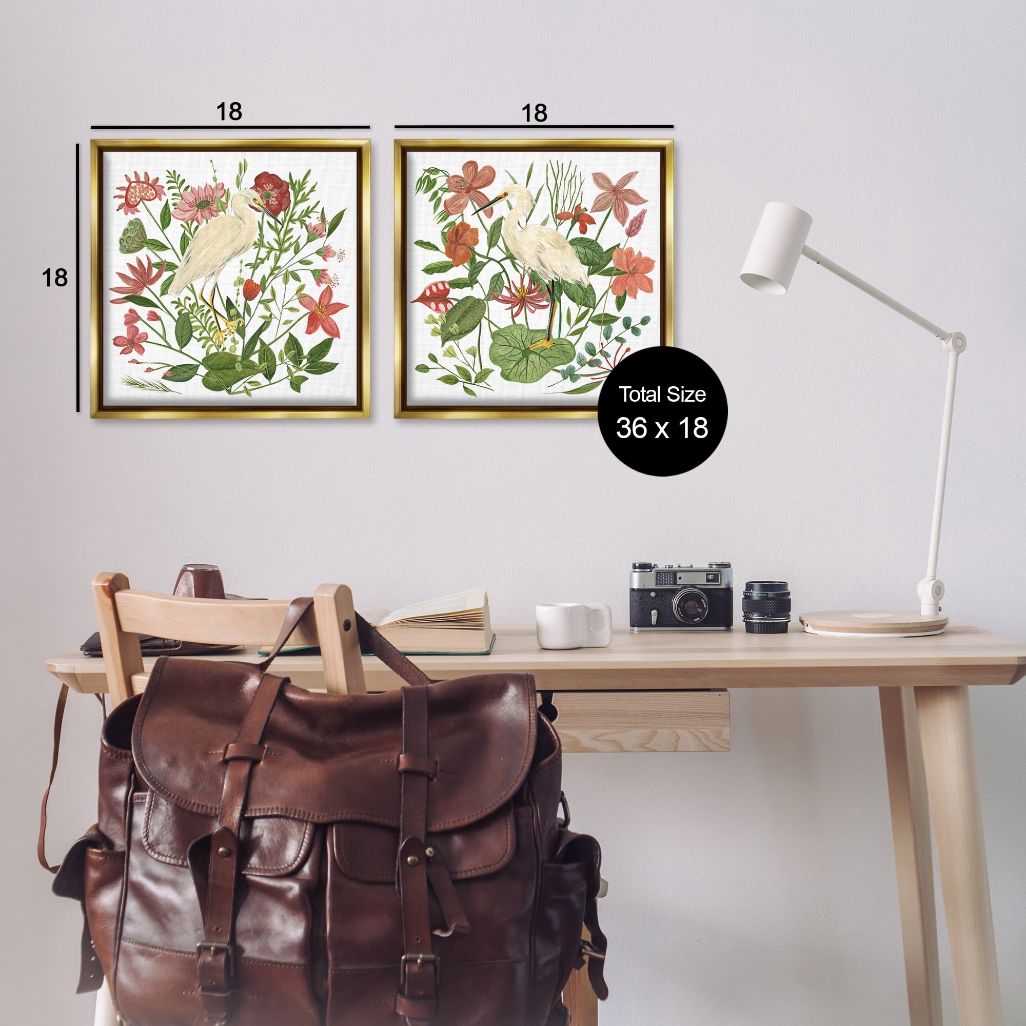 Stupell Industries Egrets Color Pop Flowers Plants & Flowers Painting Gold Floater Framed Canvas Art Print Wall Art, 18 x 18, Set of 2
