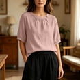 thumbnail image 5 of Womens Cotton Linen T Shirts Elbow Length Sleeve Crew Neck Tops for Women Summer Lightweight Tshirts, 5 of 6