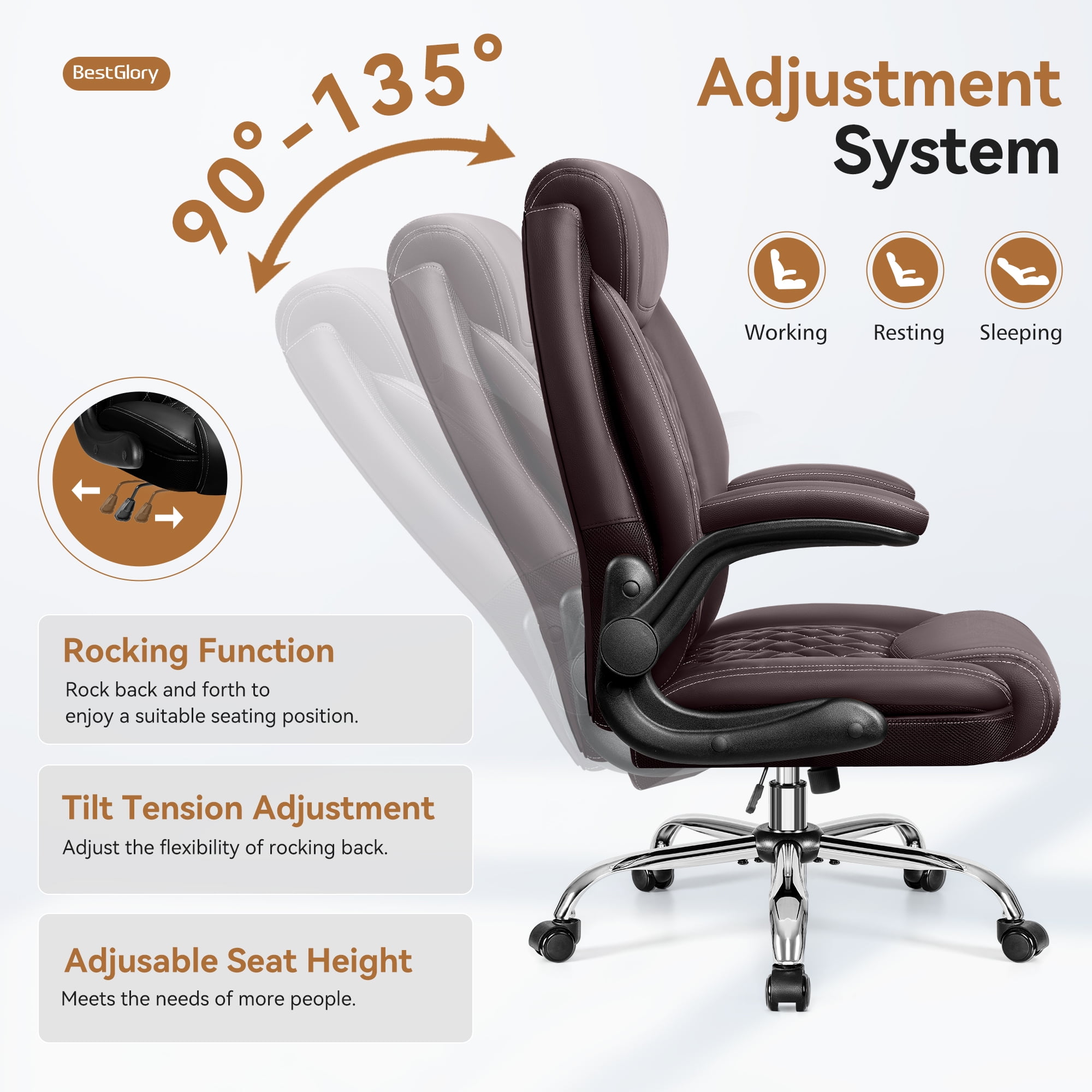 FASTES Ergonomic Office Chair, Desk Chair with High Back Flip-up Armrests Big and Tall Gaming Leather Chair with Rocking Function 2 Reclining Position,Coffee