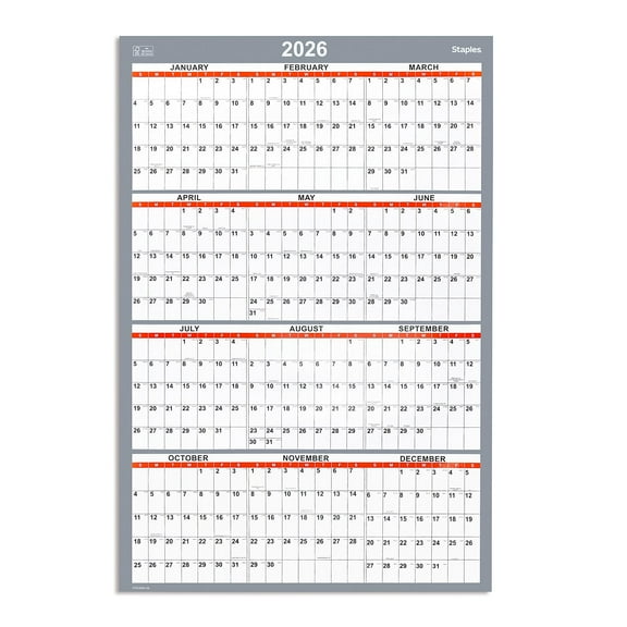 2026 Staples 36" x 24" Yearly Dry-Erase Wall Calendar  Reversible White/Red/Gray (ST63004-26)