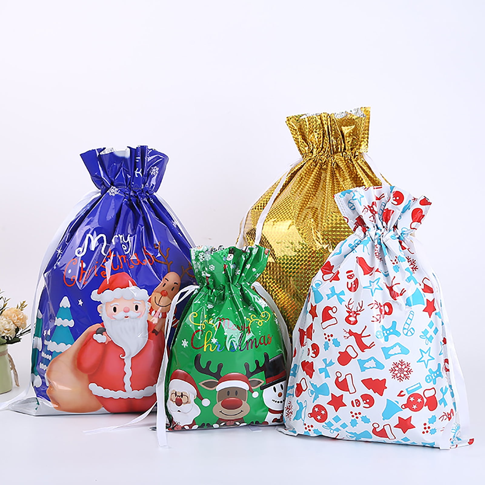 6 x Organza Gift Bags Holly Print Glitter Christmas Xmas Bags Wrapping 