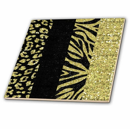 Glitter Leopard - 3dRose Printed Glitter Effect Gold and Black Animal Print - Leopard and Zebra - Ceramic Tile, 6-inch