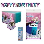 Disney Frozen Elsa Anna Princess Birthday Party Supplies Bundle includes 1 Happy Birthday Banner, 1 Plastic Table Cover, 1 Dinosaur Sticker Sheet