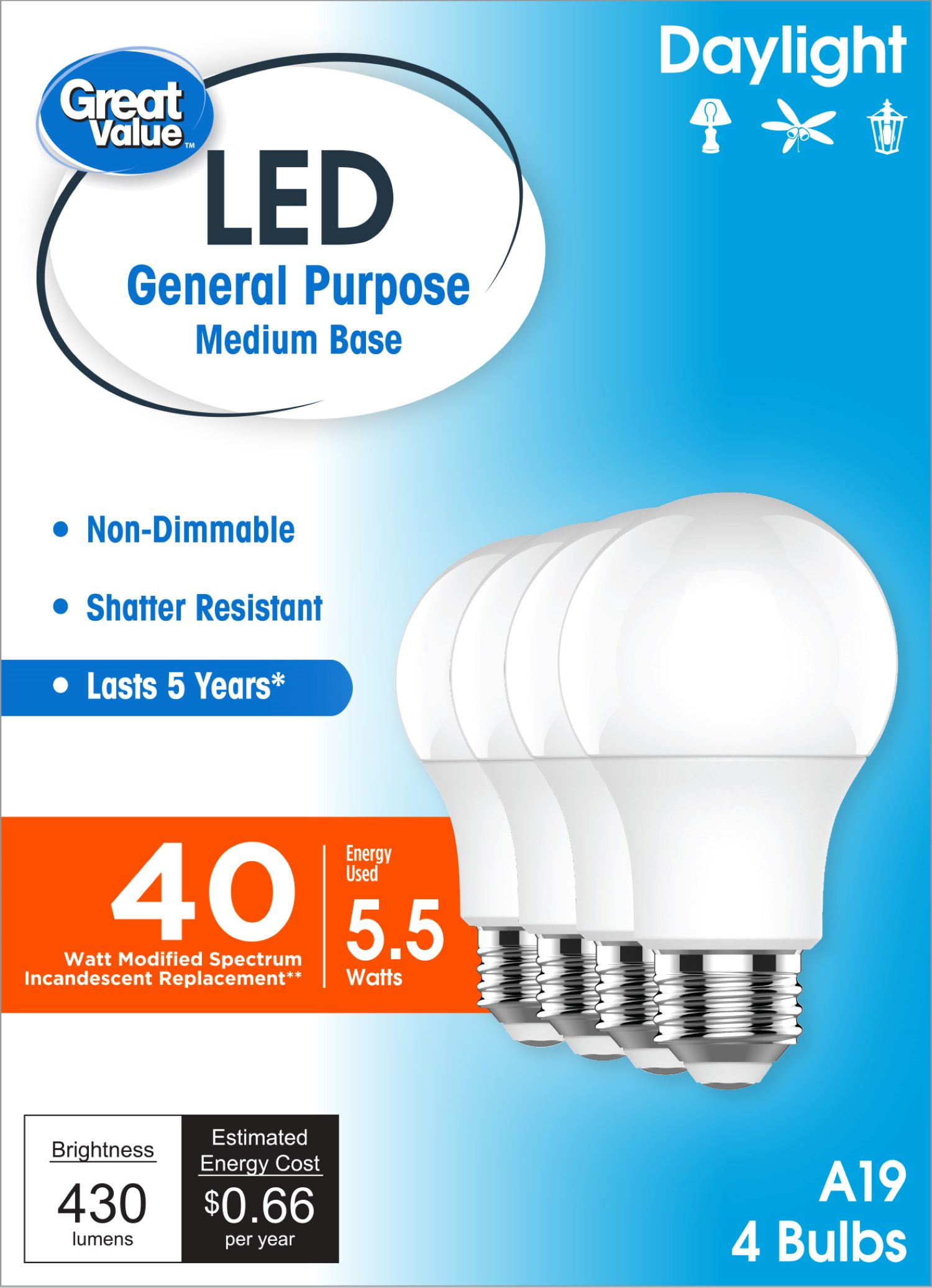 Great Value LED Light Bulbs, 40 Watts Eqv, Daylight, A19 General