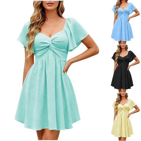 VBVC Women's Twist Knot A-Line Mini Dress , Summer Sweetheart Square Neck Dress For Women , Ladies' Ruffle Flutter Sleeve Dress with Pockets,Black,S-XL