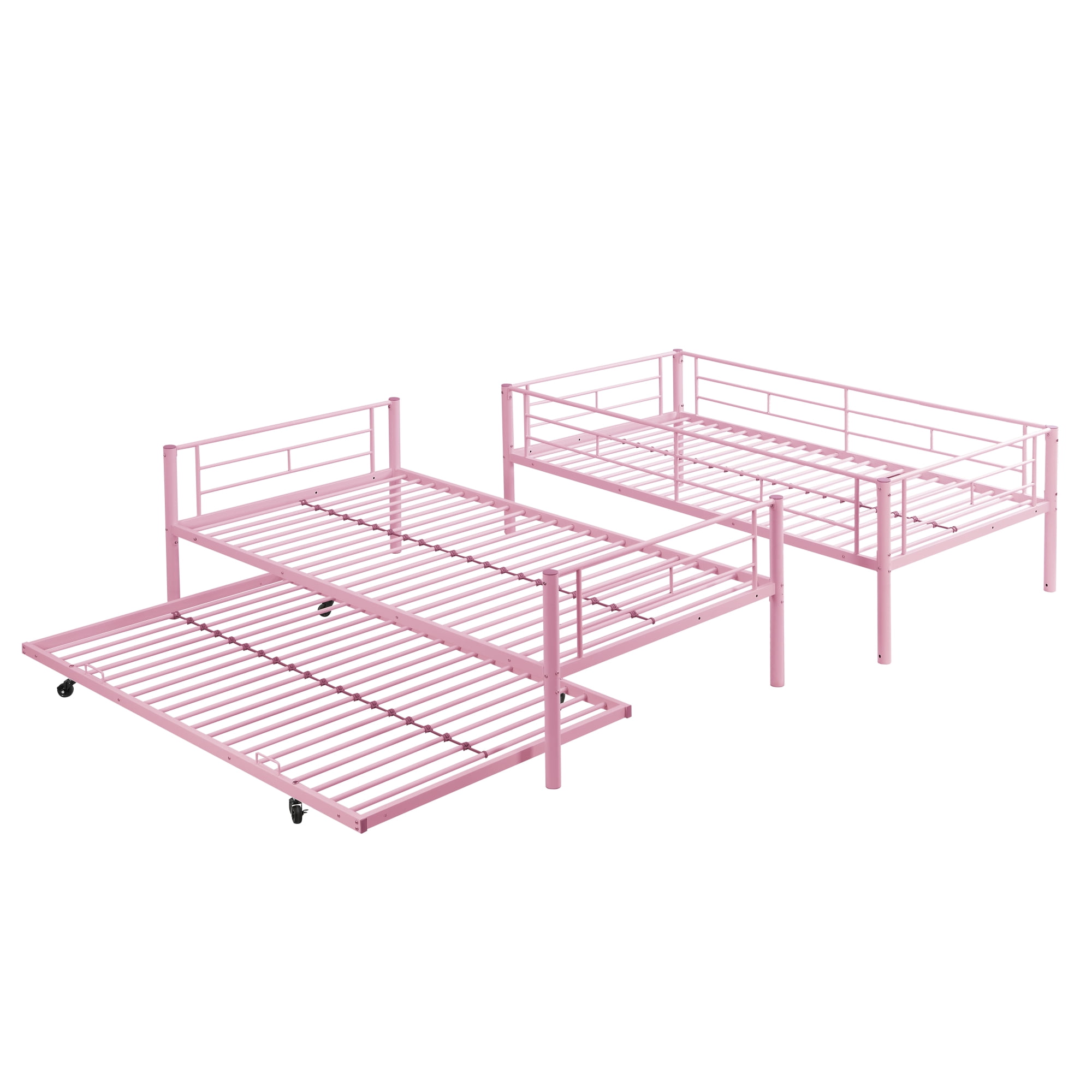 Leumius Triple Bunk Bed Twin over Twin with Trundle, Convertible 3 Twin Beds with Ladder & Safety Guardrail, Space-Saving for Teens and Adults, Bedroom Dorm,Pink