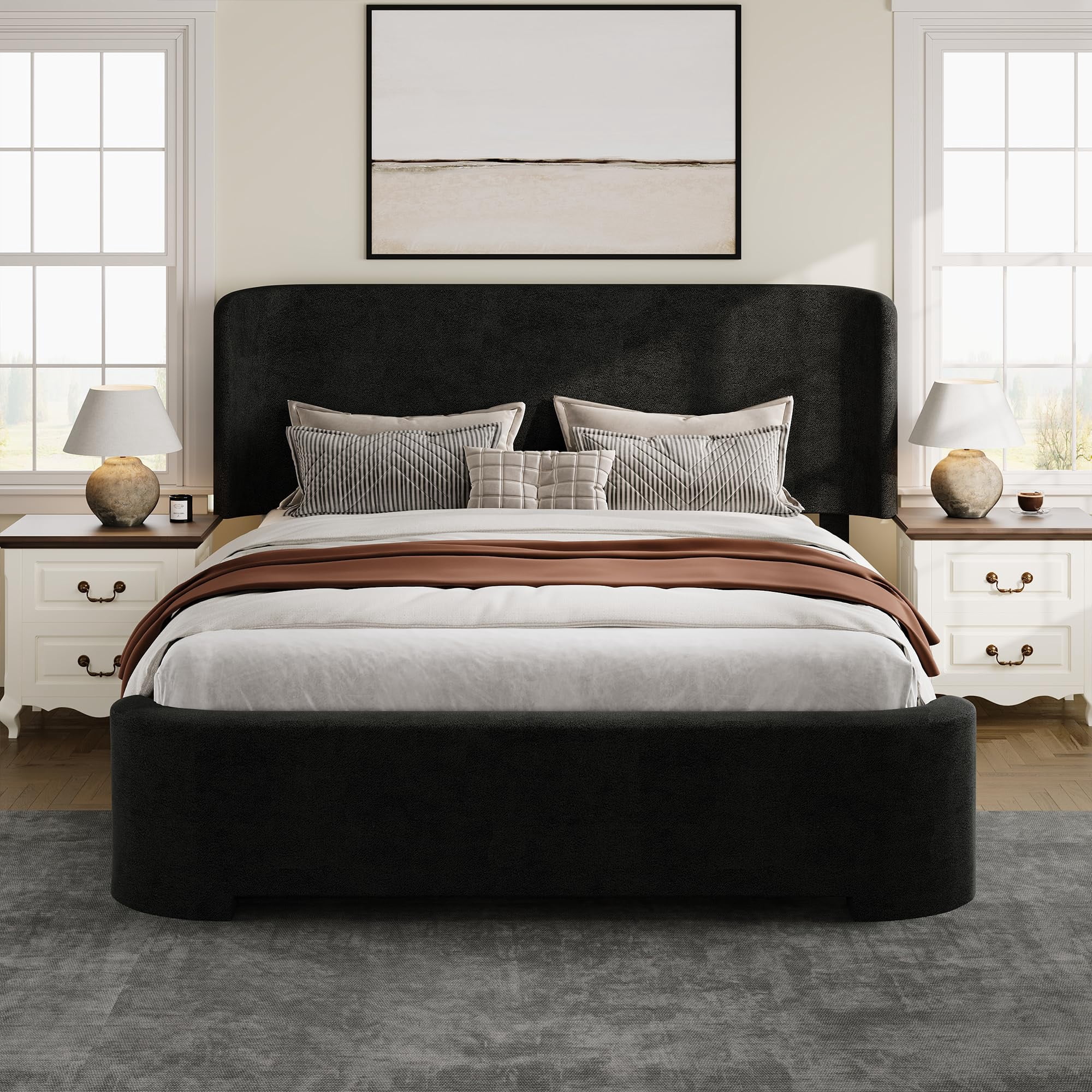 4 Ever Winner Queen Size Black Velvet Bed Frame, Curved Upholstered Platform Bed with Wingback Headboard, Heavy Duty Quiet Bed Frame, No Box Spring Required, Modern Bedroom Bed, Black