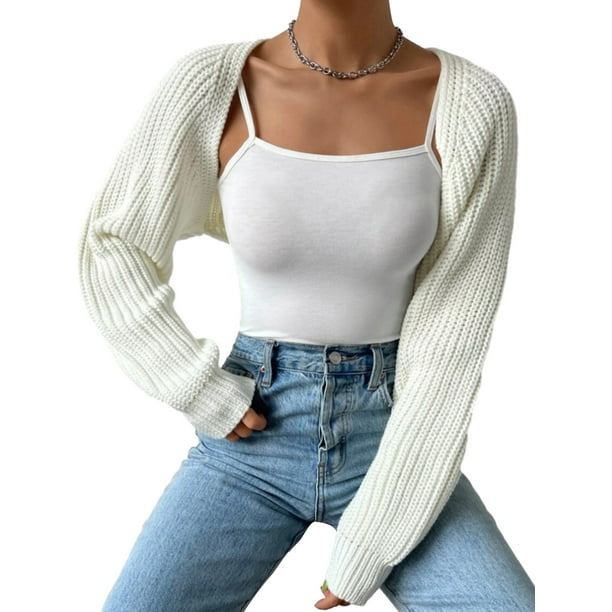 xiaxaixu Women's Open Front Cropped Cardigan Long Sleeve Solid Color Ribbed  Knit Shrug Sweater Bolero Tops