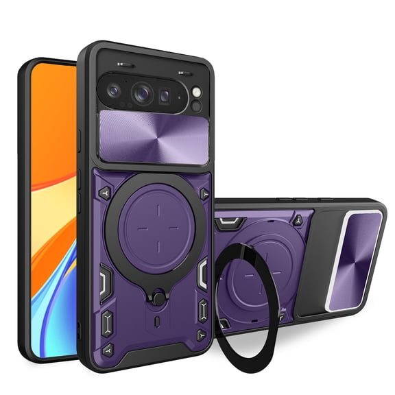 For Google Pixel 9 / 9 Pro Phone Case,With Rotatable Ring Kickstand,Sliding Camera Cover,Support Car Mounted Magnetic Holder,JHeavy Duty Shockproof Rugged Durable Phone Case,Purple