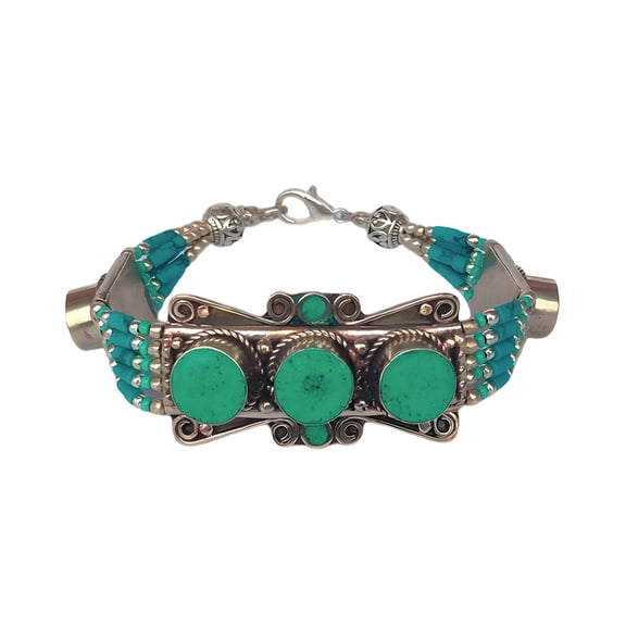 Tibetan Silver Turquoise Gemstone Inlay Fashion Handmade Bracelet for Women Ethnic Boho Jewelry Gift