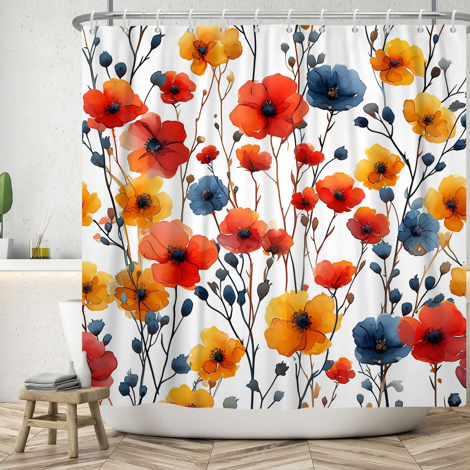 MIZHONA Boho Floral Shower Curtain for Bathroom Watercolor Colorful Waterproof Polyester Abstract Aesthetic Decorative Washable 60"x72"