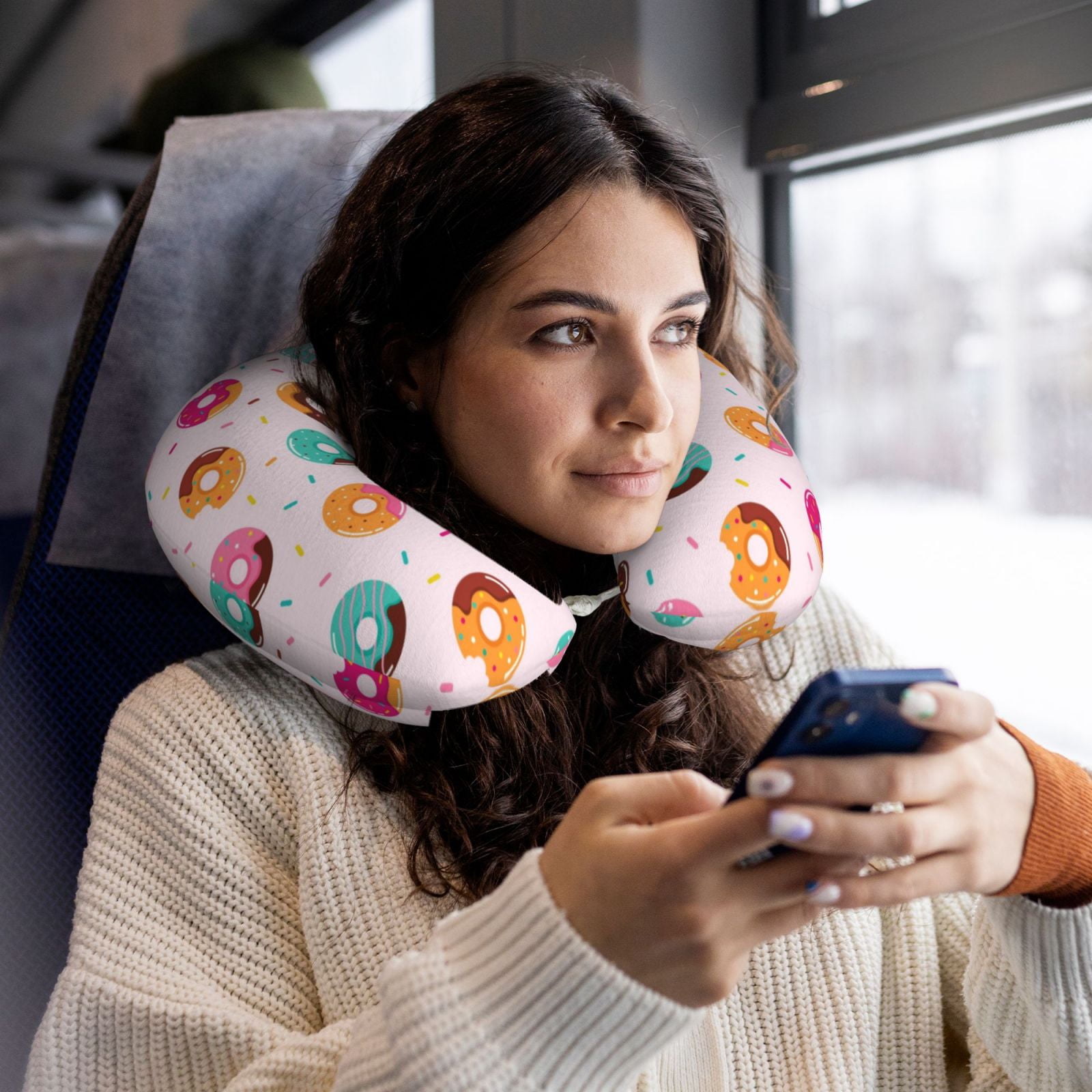 Xecao Donut Print Memory Foam Cervical Neck Pillow Versatile U-Shaped Pillows for Home,Office,Camping,Travelling,Soft Washable Cover