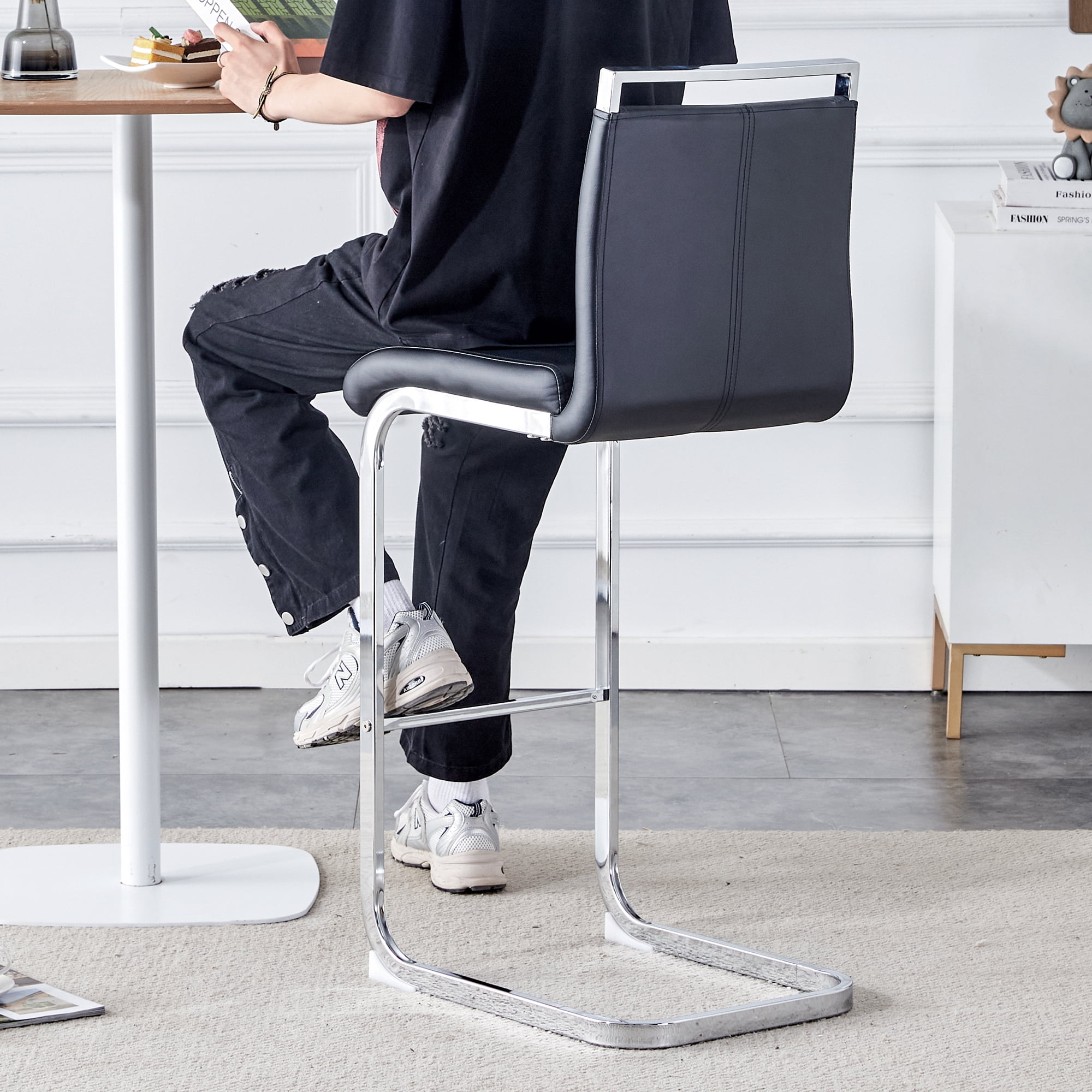 Bar Stools Set of 6, PU Leather Bar Stools 42.5 Inch High with C-Shaped Silver Metal Legs, Counter Height Stools for Kitchen Island, Home Bar, Dining Room and Terrace, Modern Bar Chairs