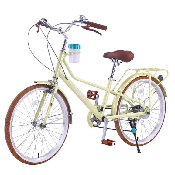 Aezusy 24" Beach Cruiser Bike for Women 6 Speed Adult Commuter City Bicycle with Cup Holder Rear Rack for Ladies, Yellow