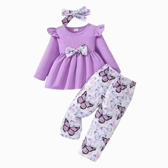 TOWED22 Baby Toddler Girl Fall Winter 2Pcs Clothes Set Long Sleeve Round Neck Sweatshirt   Pants Cute Outfits for Everyday(Purple,6-9 M)