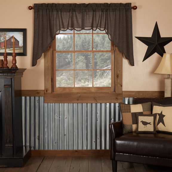Primitive Swag Set Kettle Grove Plaid Black Tan Scalloped Kitchen Window Curtains TCC Brands