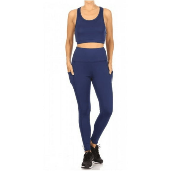Women 2-Piece Set Crop Tops & High Rise Tummy Control Sports Leggings With Side Pockets