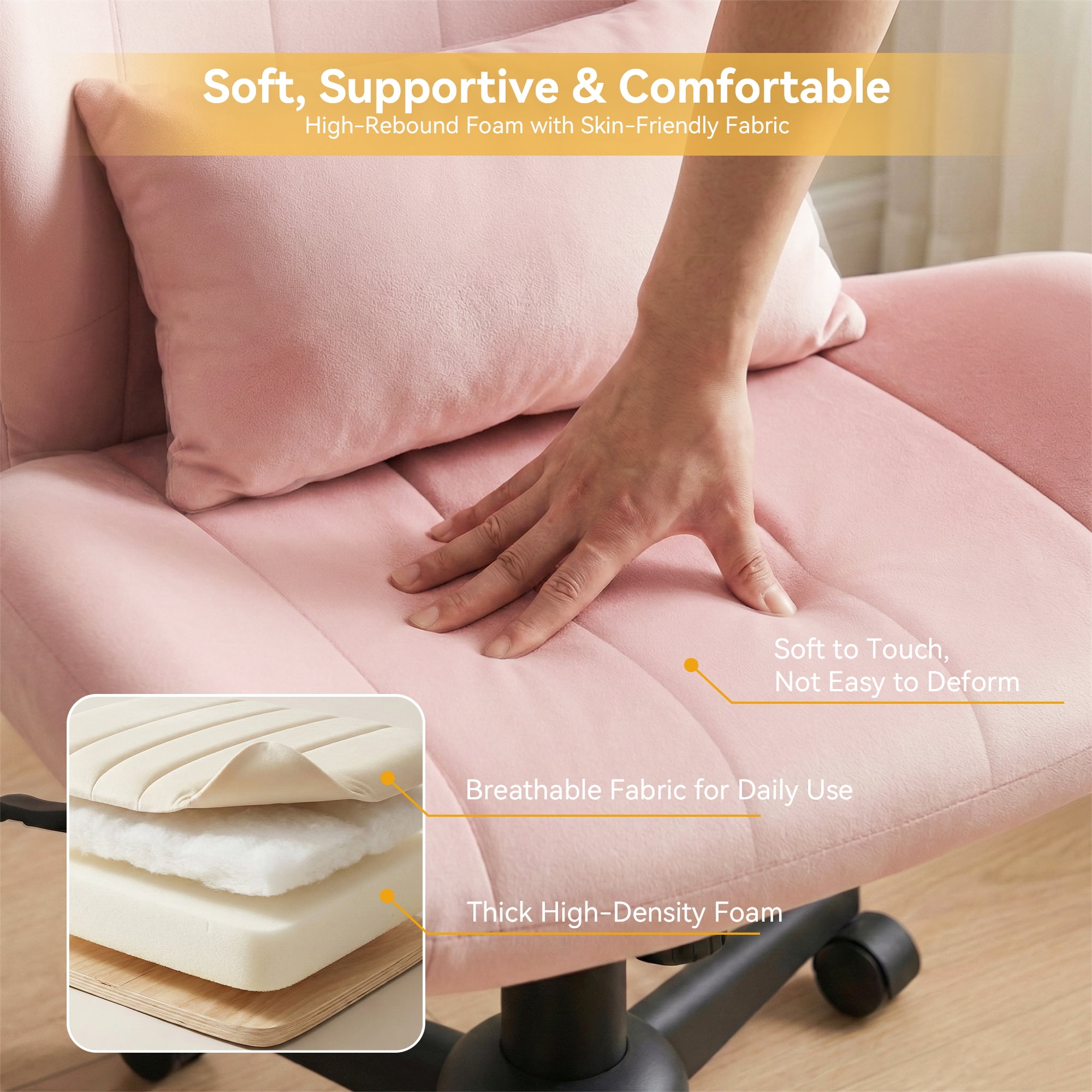 YIKEMA High Back Armless Rolling Office Chair, Wide Ergonomic Seat, Pink