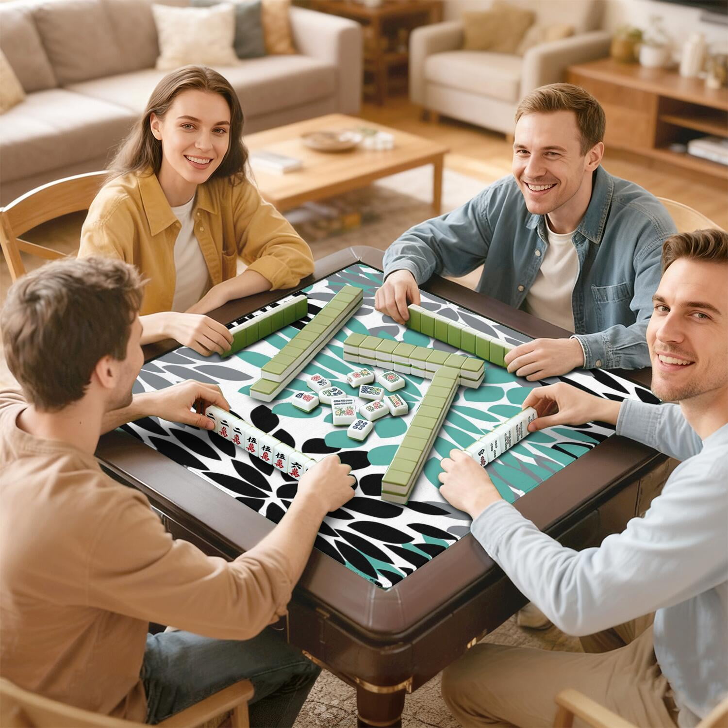 Boho Print Large Non-Slip Mahjong Mat 31.5 Inch Square Rubber Game Table Pad with Noise Dampening for Playing Chinese Tiles and Family Entertainment