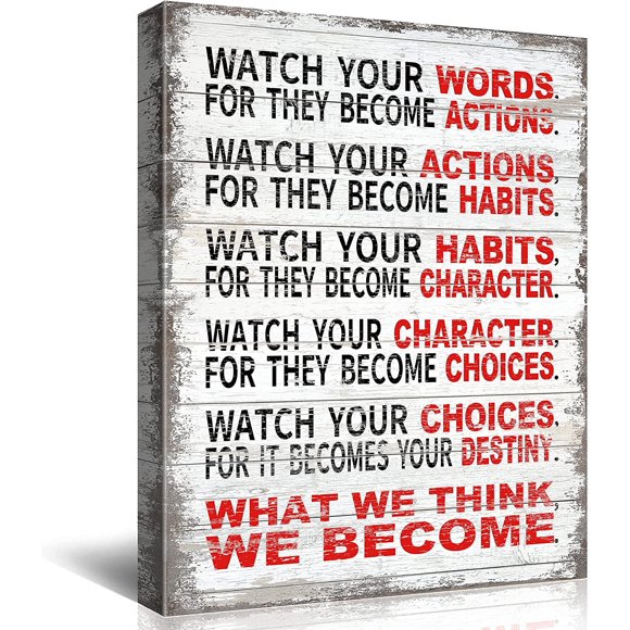 Watch Your Words Motivational Classroom Poster Modern Canvas Prints Inspirational Quotes Wall Art Ready to Hang for Home Decors Stretched Pictures Artwork,Framed, Black, White, 12x16''''