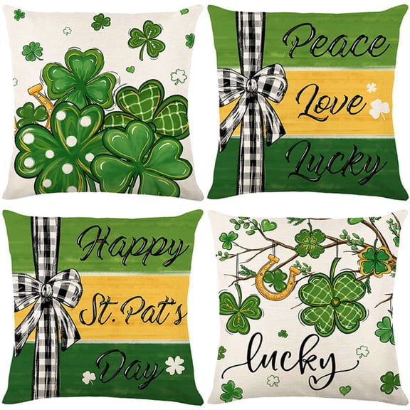 St. Patrick's Day Pillow Covers 4 Pack 17.7x17.7 Inches, Green Lucky Clover Decorative Pillowcases for Spring Sofa Home