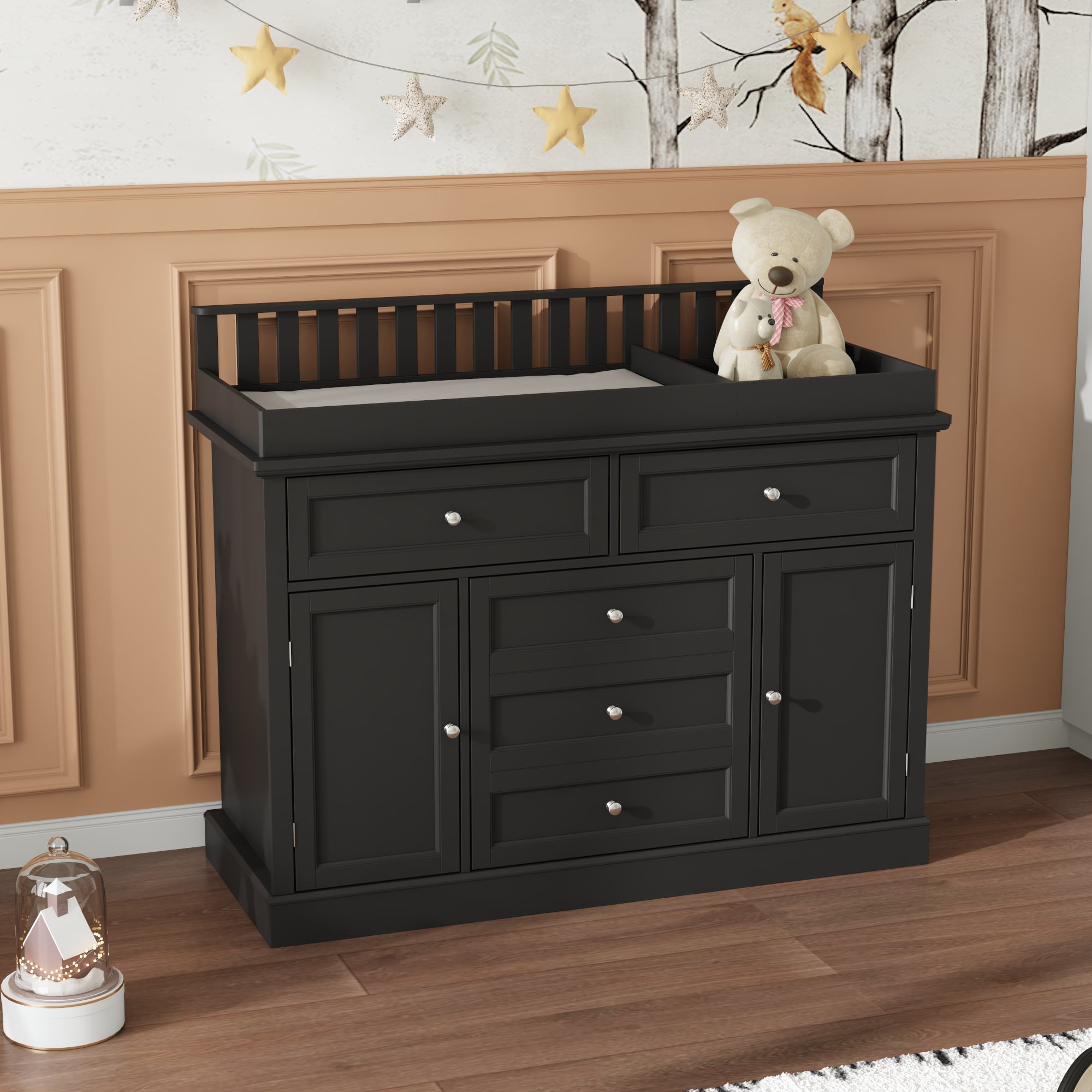 WIAWG Nursery Dresser with Changing Table Top, 46" W Baby Dresser with 2 Drawers,Storage Organize Station for Nursery and Baby Bedroom,Black