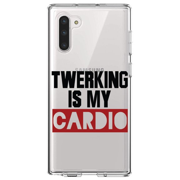 DistinctInk Clear Shockproof Hybrid Case for Samsung Galaxy Note 10 (6.3" Screen) - TPU Bumper Acrylic Back Tempered Glass Screen Protector - Twerking is My Cardio