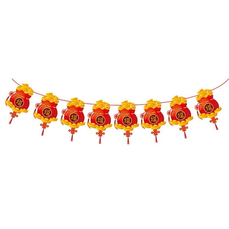 

JUNTEX Chinese New Year Banner Fu Letters Red Lantern Pendant Streamer Pull Flag Decor